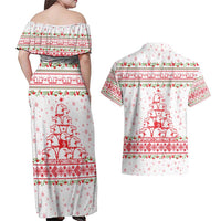Tunisia Christmas Couples Matching Off Shoulder Maxi Dress and Hawaiian Shirt with Red Falcon Tree White Snowflake Pattern and Festive Borders - Wonder Print Shop