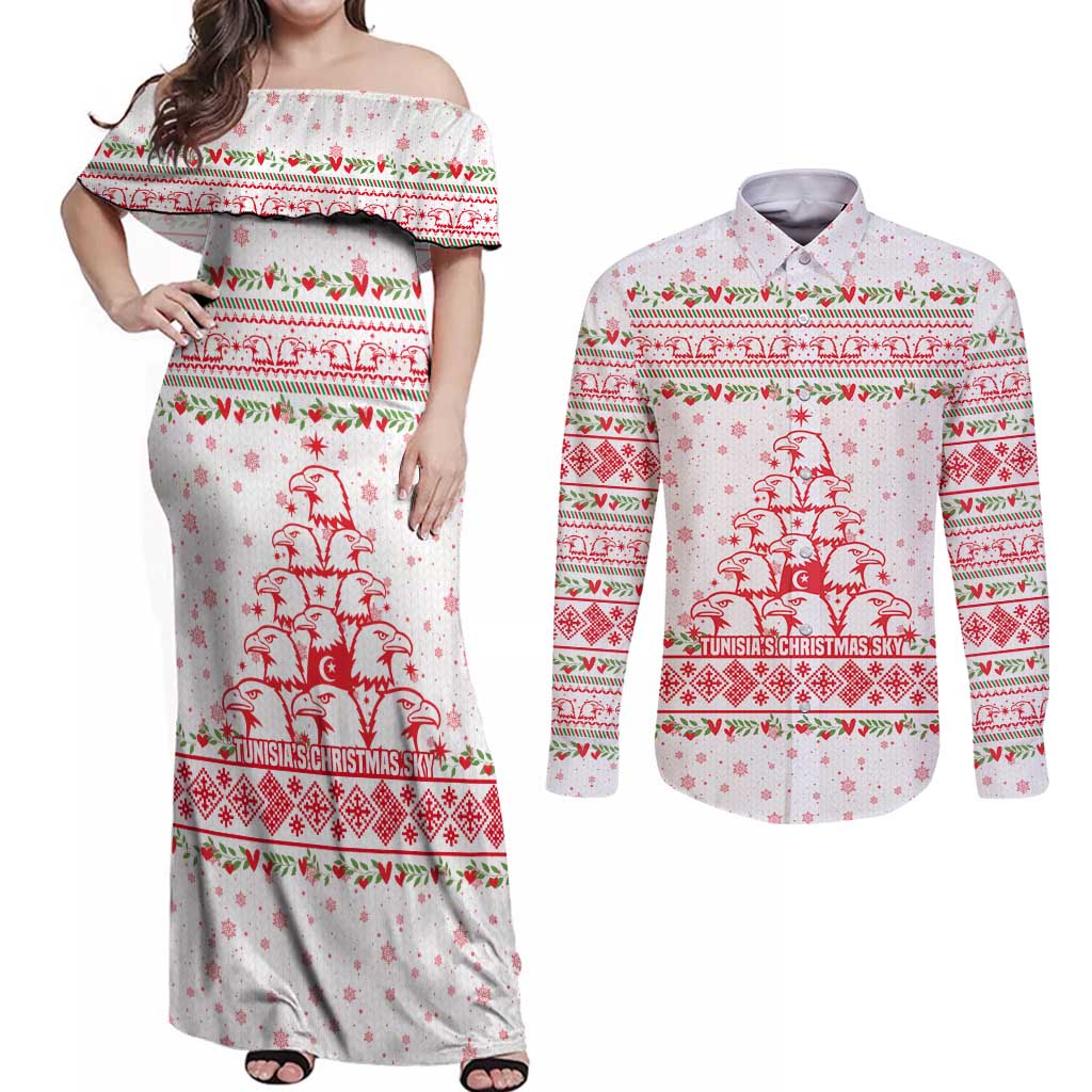 Tunisia Christmas Couples Matching Off Shoulder Maxi Dress and Long Sleeve Button Shirt with Red Falcon Tree White Snowflake Pattern and Festive Borders - Wonder Print Shop
