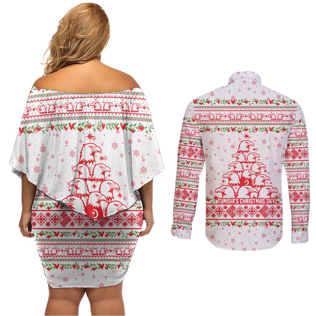 Tunisia Christmas Couples Matching Off Shoulder Short Dress and Long Sleeve Button Shirt with Red Falcon Tree White Snowflake Pattern and Festive Borders - Wonder Print Shop