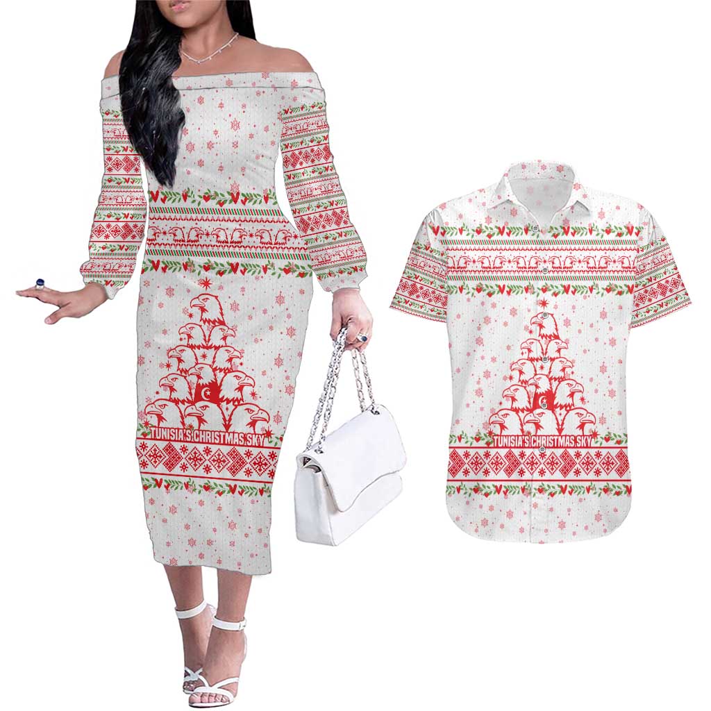 Tunisia Christmas Couples Matching Off The Shoulder Long Sleeve Dress and Hawaiian Shirt with Red Falcon Tree White Snowflake Pattern and Festive Borders - Wonder Print Shop