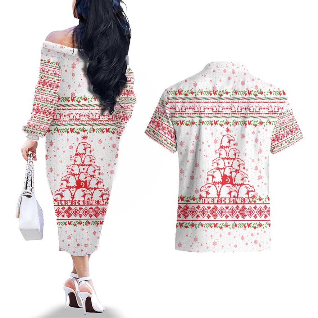 Tunisia Christmas Couples Matching Off The Shoulder Long Sleeve Dress and Hawaiian Shirt with Red Falcon Tree White Snowflake Pattern and Festive Borders - Wonder Print Shop