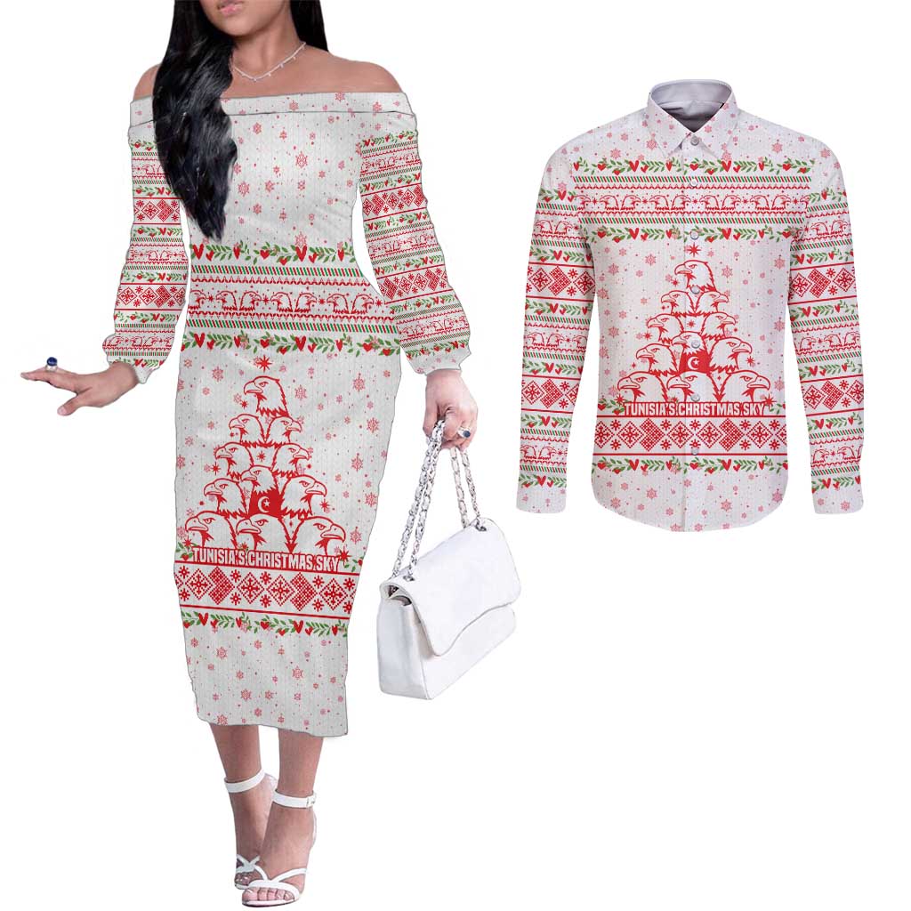 Tunisia Christmas Couples Matching Off The Shoulder Long Sleeve Dress and Long Sleeve Button Shirt with Red Falcon Tree White Snowflake Pattern and Festive Borders - Wonder Print Shop