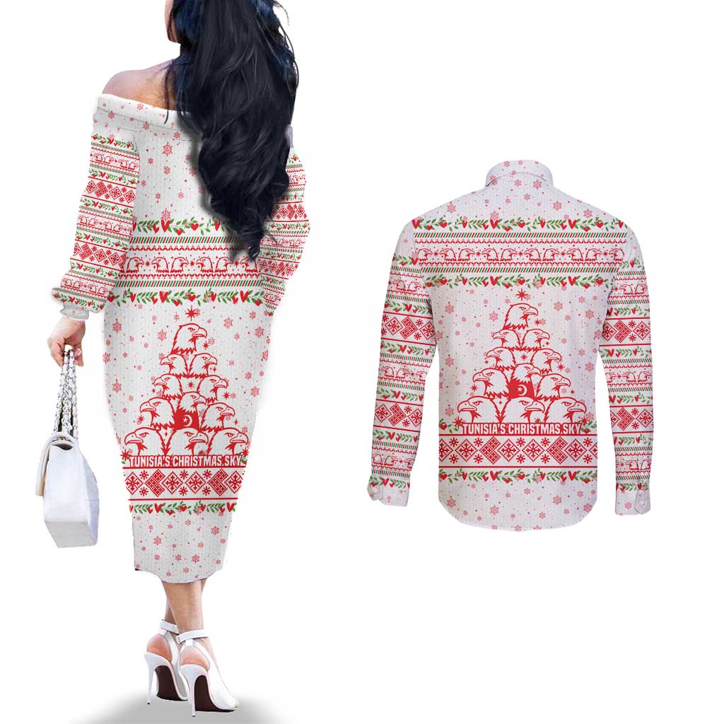 Tunisia Christmas Couples Matching Off The Shoulder Long Sleeve Dress and Long Sleeve Button Shirt with Red Falcon Tree White Snowflake Pattern and Festive Borders - Wonder Print Shop