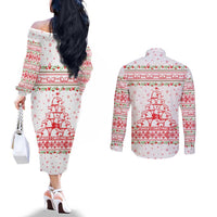 Tunisia Christmas Couples Matching Off The Shoulder Long Sleeve Dress and Long Sleeve Button Shirt with Red Falcon Tree White Snowflake Pattern and Festive Borders - Wonder Print Shop