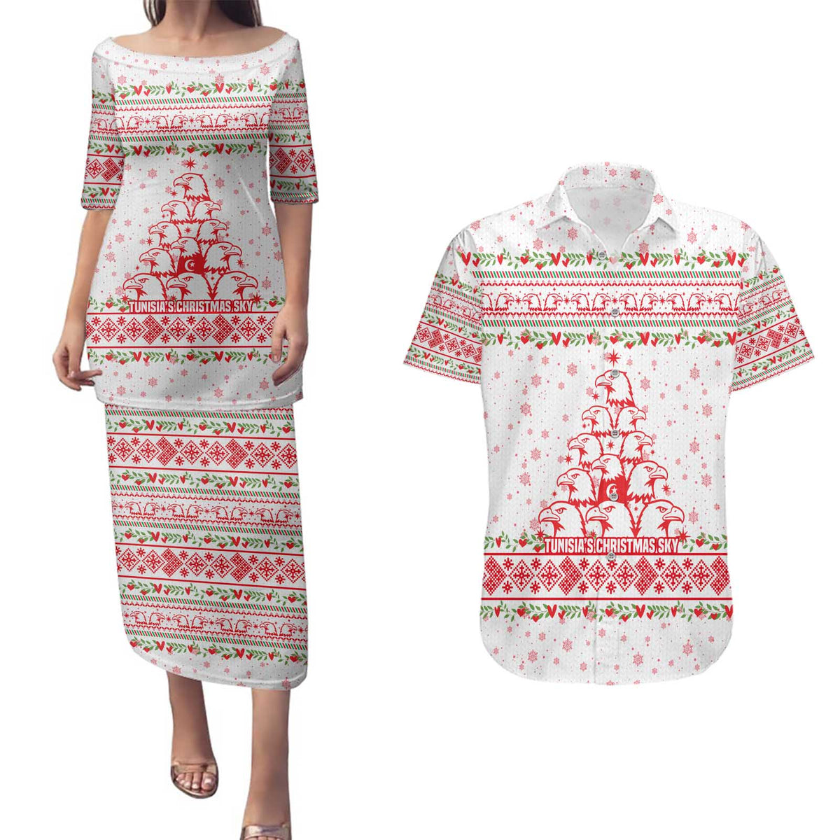 Tunisia Christmas Couples Matching Puletasi and Hawaiian Shirt with Red Falcon Tree White Snowflake Pattern and Festive Borders - Wonder Print Shop