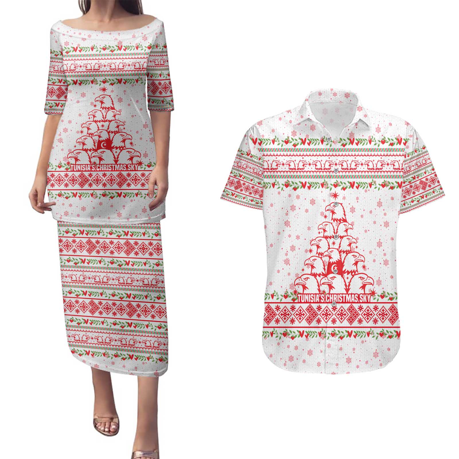 Tunisia Christmas Couples Matching Puletasi and Hawaiian Shirt with Red Falcon Tree White Snowflake Pattern and Festive Borders - Wonder Print Shop