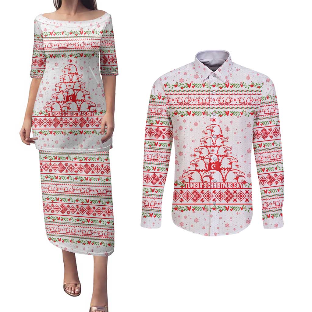 Tunisia Christmas Couples Matching Puletasi and Long Sleeve Button Shirt with Red Falcon Tree White Snowflake Pattern and Festive Borders - Wonder Print Shop