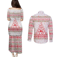 Tunisia Christmas Couples Matching Puletasi and Long Sleeve Button Shirt with Red Falcon Tree White Snowflake Pattern and Festive Borders - Wonder Print Shop