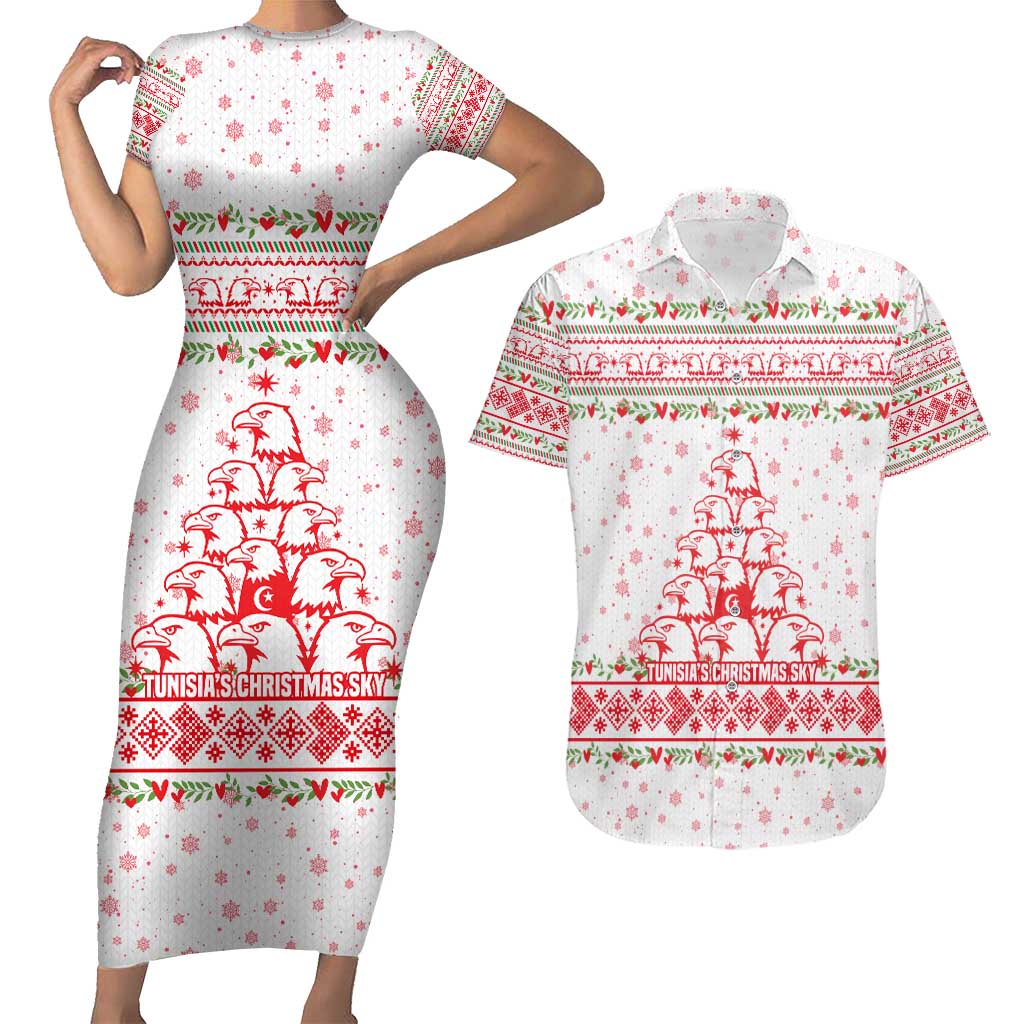 Tunisia Christmas Couples Matching Short Sleeve Bodycon Dress and Hawaiian Shirt with Red Falcon Tree White Snowflake Pattern and Festive Borders - Wonder Print Shop