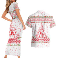 Tunisia Christmas Couples Matching Short Sleeve Bodycon Dress and Hawaiian Shirt with Red Falcon Tree White Snowflake Pattern and Festive Borders - Wonder Print Shop