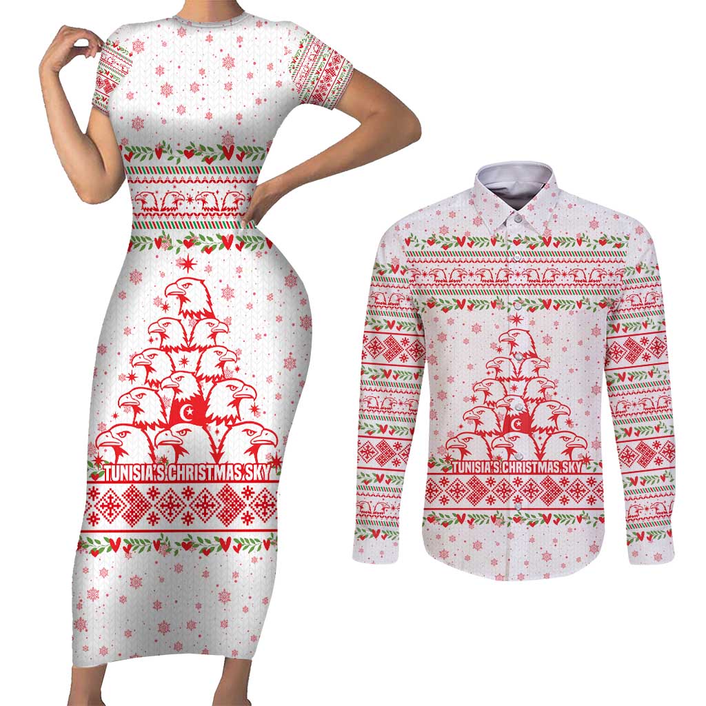 Tunisia Christmas Couples Matching Short Sleeve Bodycon Dress and Long Sleeve Button Shirt with Red Falcon Tree White Snowflake Pattern and Festive Borders - Wonder Print Shop