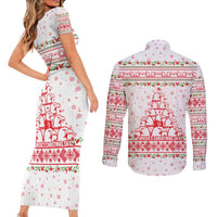 Tunisia Christmas Couples Matching Short Sleeve Bodycon Dress and Long Sleeve Button Shirt with Red Falcon Tree White Snowflake Pattern and Festive Borders - Wonder Print Shop