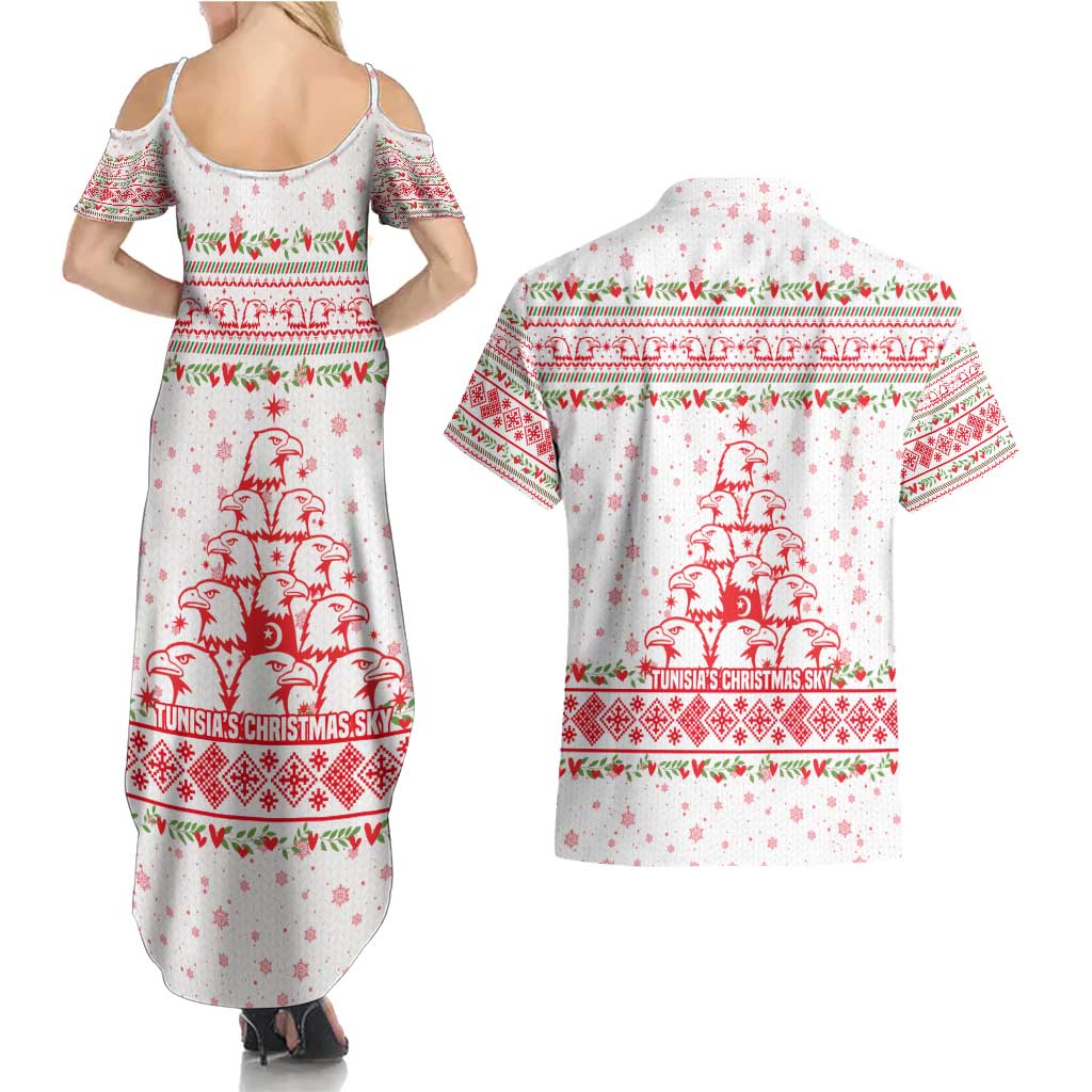 Tunisia Christmas Couples Matching Summer Maxi Dress and Hawaiian Shirt with Red Falcon Tree White Snowflake Pattern and Festive Borders - Wonder Print Shop