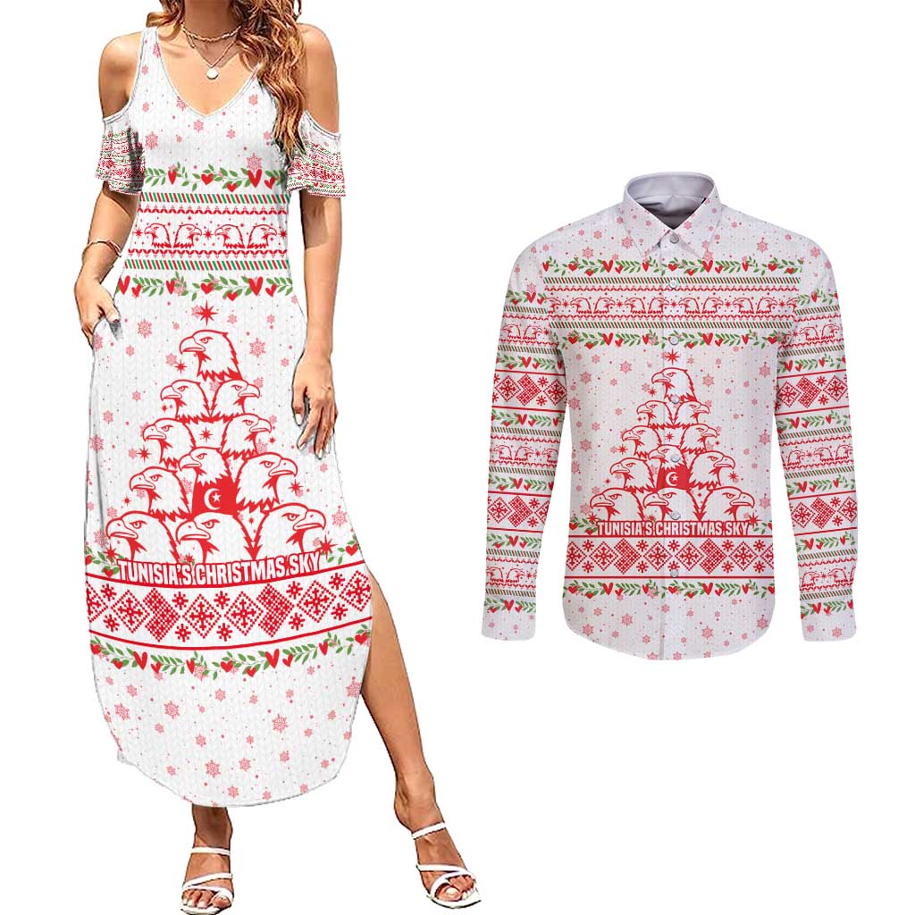 Tunisia Christmas Couples Matching Summer Maxi Dress and Long Sleeve Button Shirt with Red Falcon Tree White Snowflake Pattern and Festive Borders - Wonder Print Shop