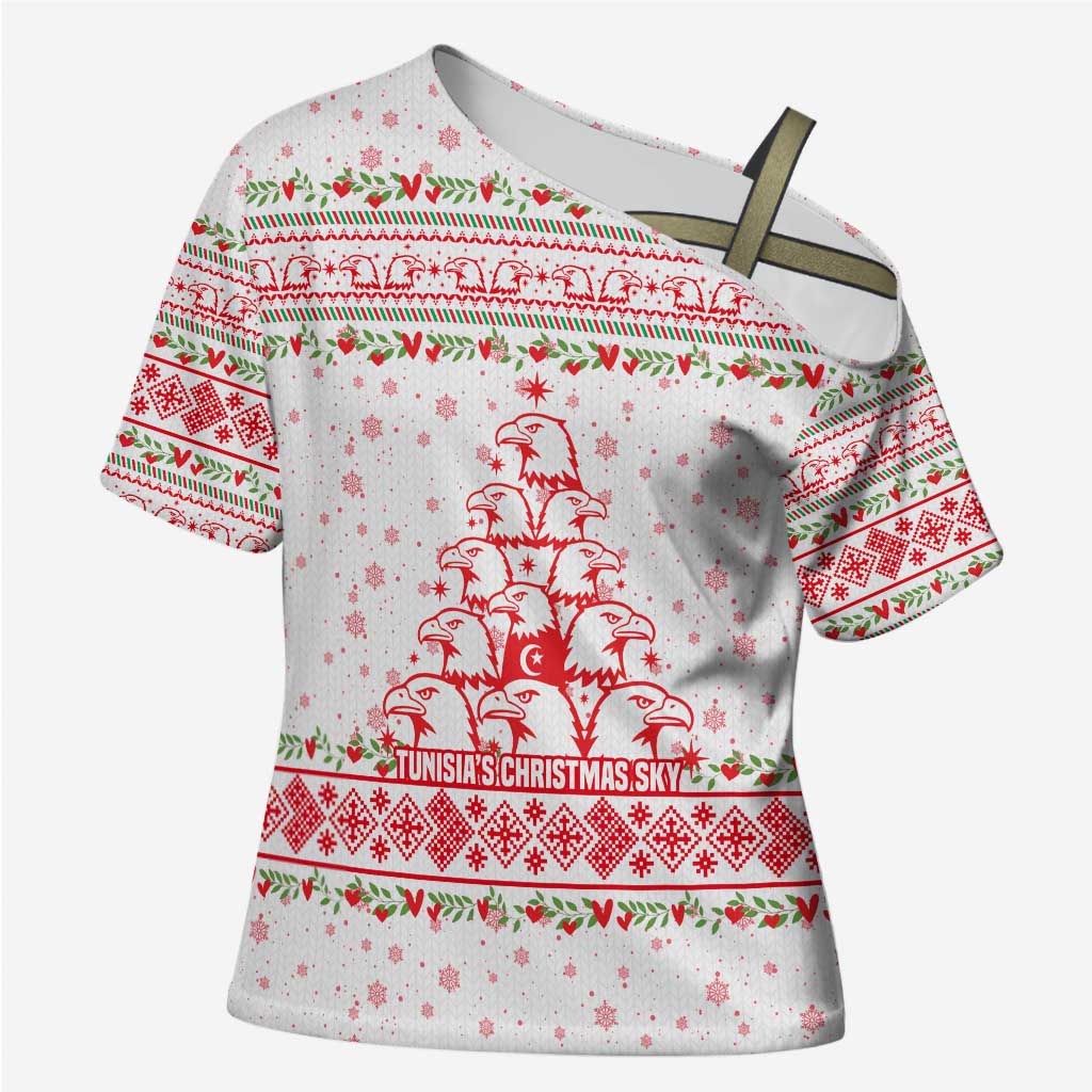 Tunisia Christmas Cross Shoulder Shirt with Red Falcon Tree White Snowflake Pattern and Festive Borders - Wonder Print Shop
