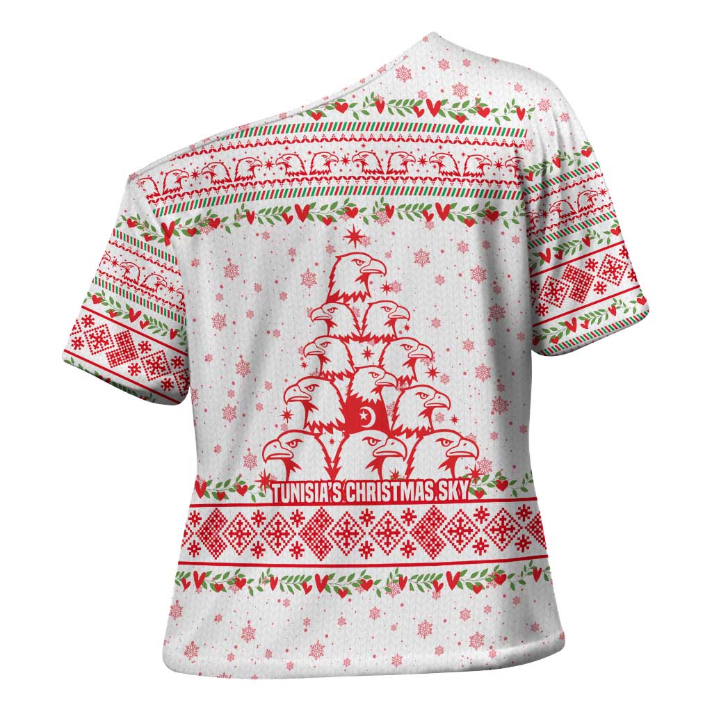Tunisia Christmas Cross Shoulder Shirt with Red Falcon Tree White Snowflake Pattern and Festive Borders - Wonder Print Shop