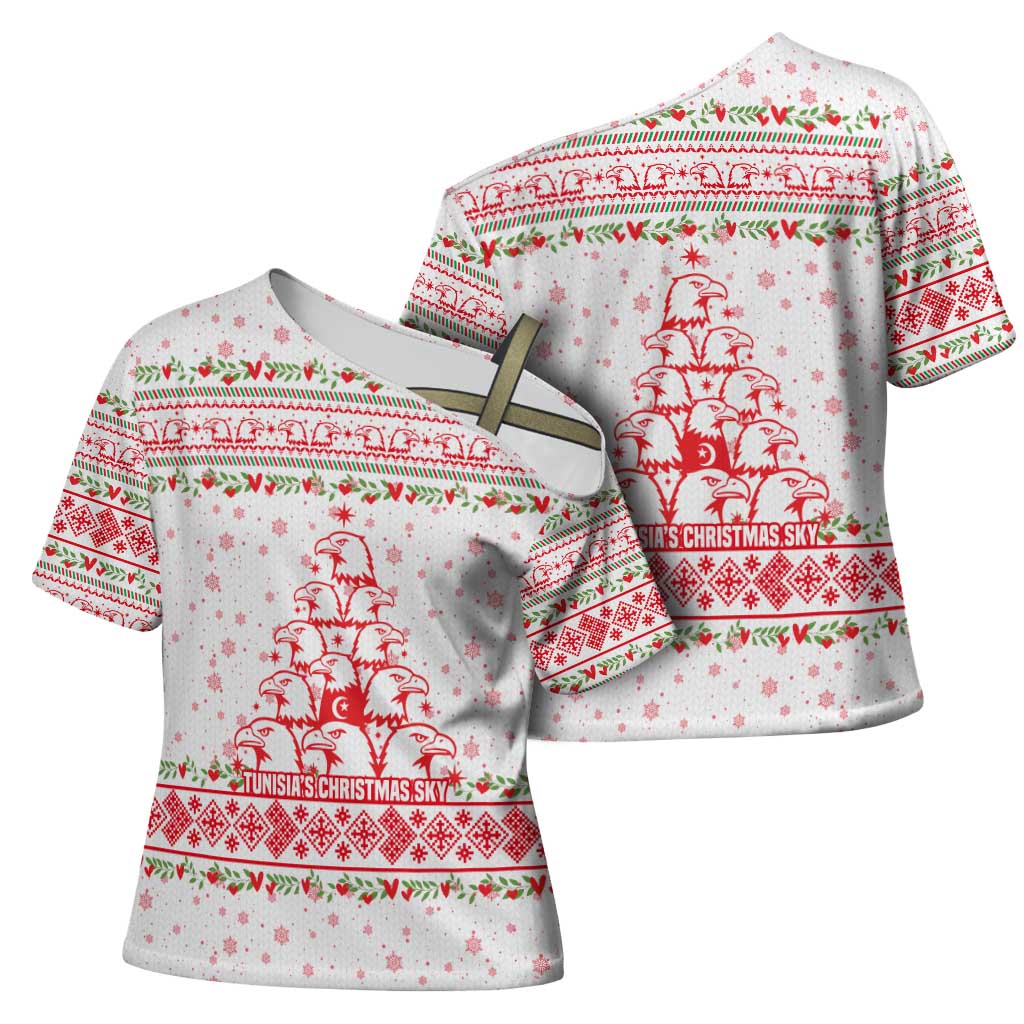 Tunisia Christmas Cross Shoulder Shirt with Red Falcon Tree White Snowflake Pattern and Festive Borders - Wonder Print Shop