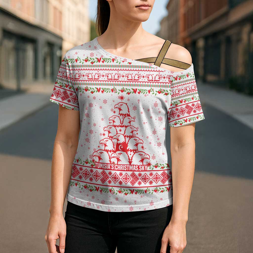 Tunisia Christmas Cross Shoulder Shirt with Red Falcon Tree White Snowflake Pattern and Festive Borders - Wonder Print Shop