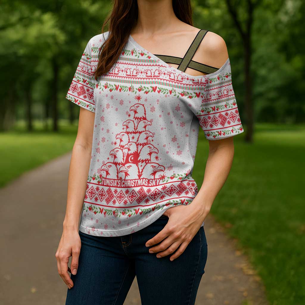 Tunisia Christmas Cross Shoulder Shirt with Red Falcon Tree White Snowflake Pattern and Festive Borders - Wonder Print Shop