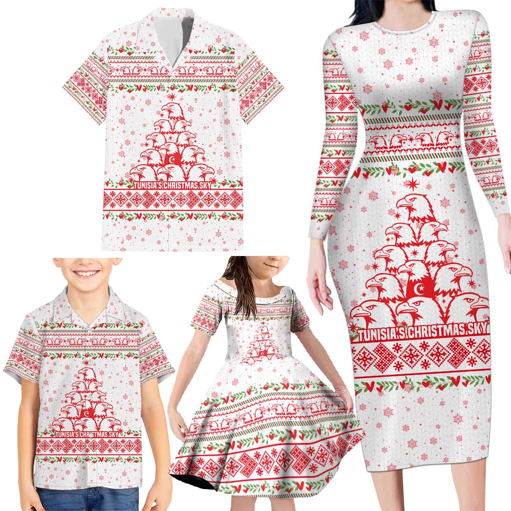 Tunisia Christmas Family Matching Long Sleeve Bodycon Dress and Hawaiian Shirt with Red Falcon Tree White Snowflake Pattern and Festive Borders - Wonder Print Shop