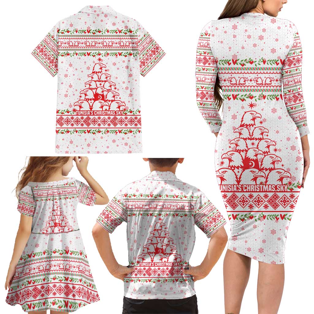Tunisia Christmas Family Matching Long Sleeve Bodycon Dress and Hawaiian Shirt with Red Falcon Tree White Snowflake Pattern and Festive Borders - Wonder Print Shop