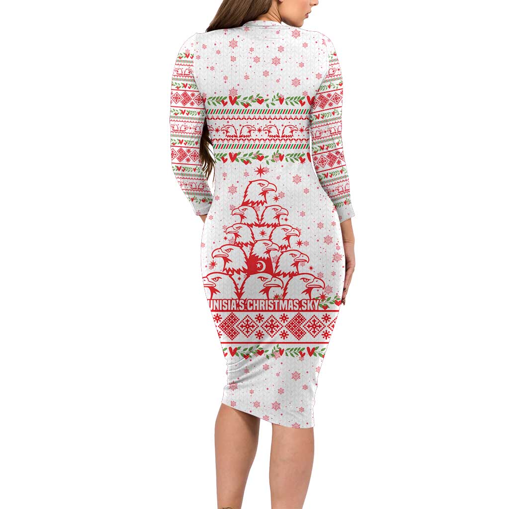 Tunisia Christmas Family Matching Long Sleeve Bodycon Dress and Hawaiian Shirt with Red Falcon Tree White Snowflake Pattern and Festive Borders - Wonder Print Shop