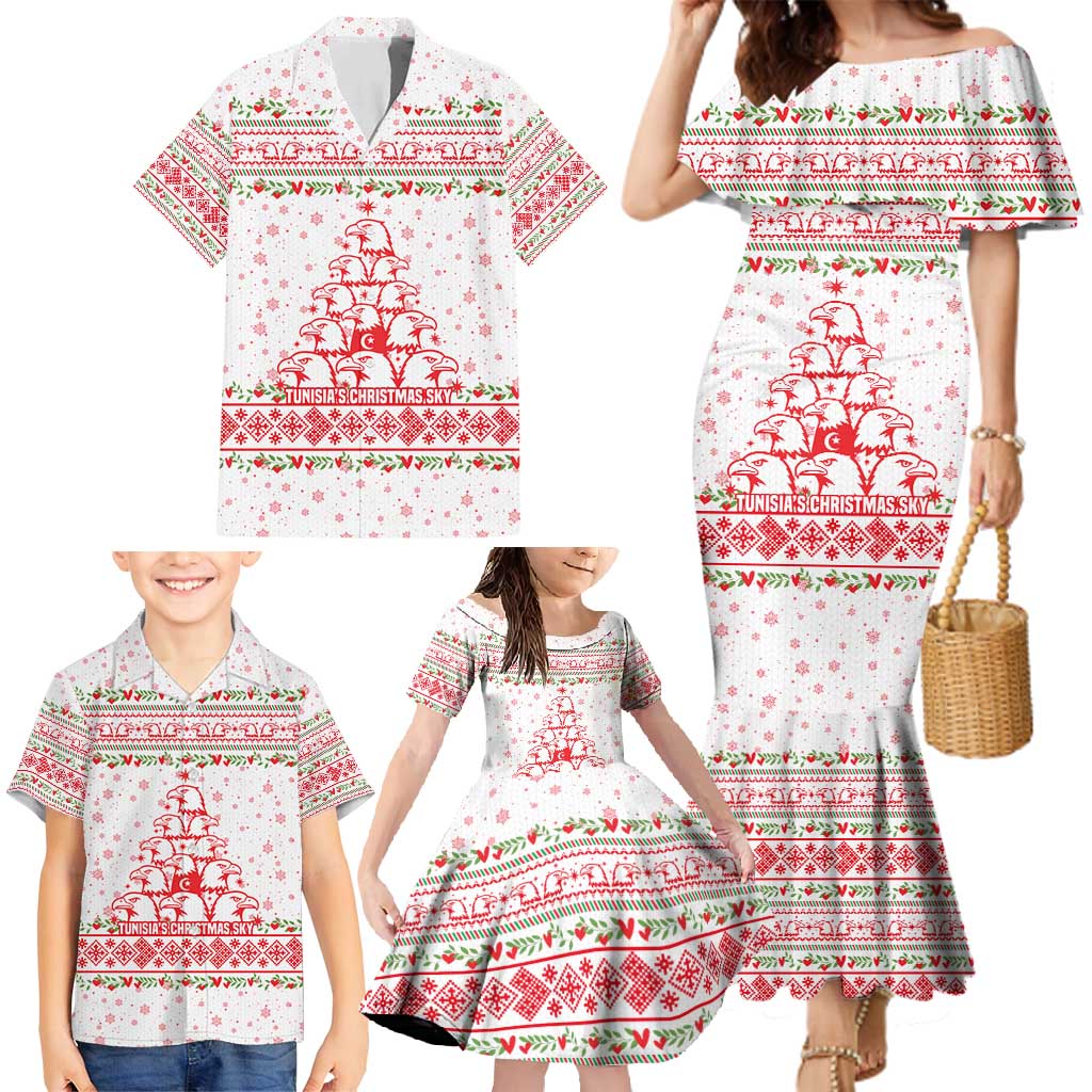 Tunisia Christmas Family Matching Mermaid Dress and Hawaiian Shirt with Red Falcon Tree White Snowflake Pattern and Festive Borders - Wonder Print Shop