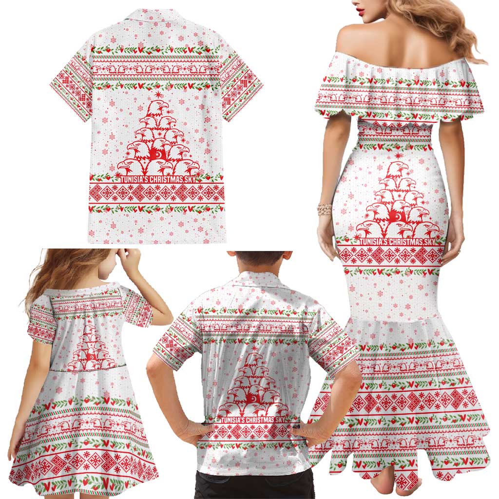 Tunisia Christmas Family Matching Mermaid Dress and Hawaiian Shirt with Red Falcon Tree White Snowflake Pattern and Festive Borders - Wonder Print Shop
