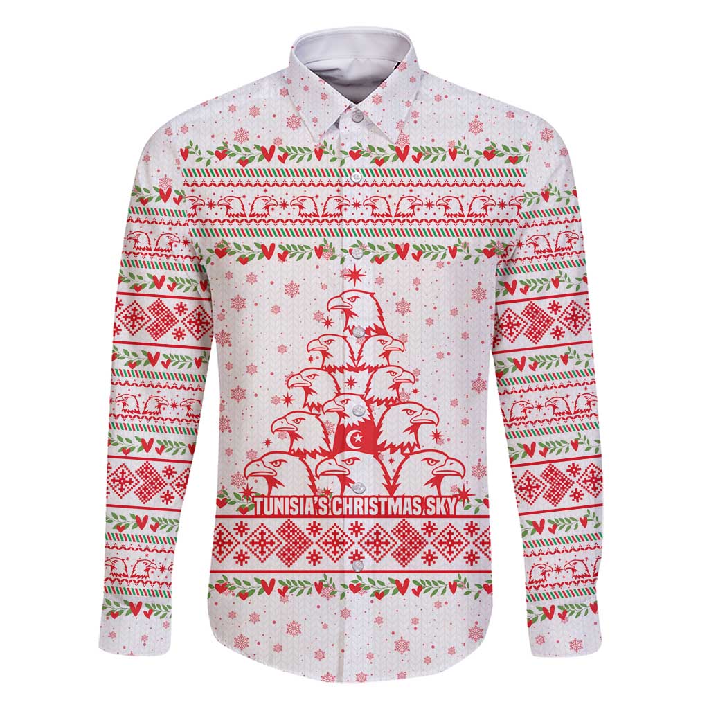 Tunisia Christmas Family Matching Mermaid Dress and Hawaiian Shirt with Red Falcon Tree White Snowflake Pattern and Festive Borders - Wonder Print Shop