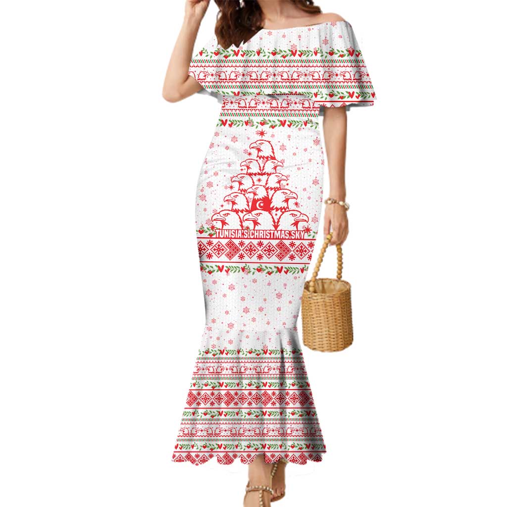 Tunisia Christmas Family Matching Mermaid Dress and Hawaiian Shirt with Red Falcon Tree White Snowflake Pattern and Festive Borders - Wonder Print Shop
