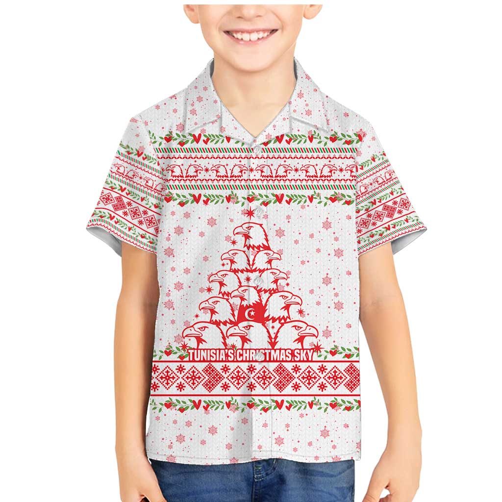 Tunisia Christmas Family Matching Mermaid Dress and Hawaiian Shirt with Red Falcon Tree White Snowflake Pattern and Festive Borders - Wonder Print Shop