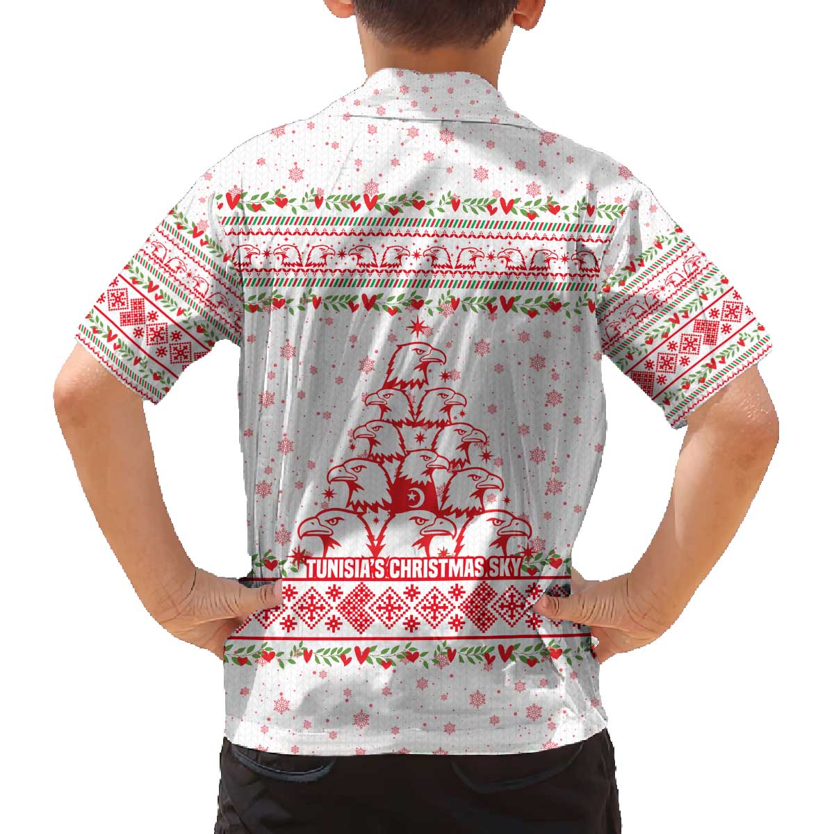 Tunisia Christmas Family Matching Off The Shoulder Long Sleeve Dress and Hawaiian Shirt with Red Falcon Tree White Snowflake Pattern and Festive Borders - Wonder Print Shop