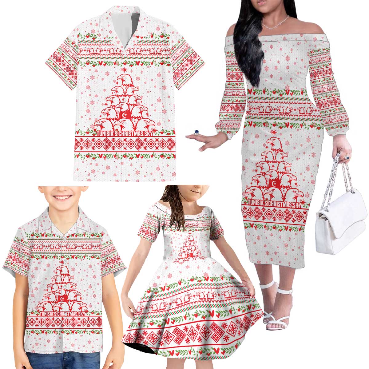 Tunisia Christmas Family Matching Off The Shoulder Long Sleeve Dress and Hawaiian Shirt with Red Falcon Tree White Snowflake Pattern and Festive Borders - Wonder Print Shop