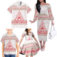Tunisia Christmas Family Matching Off The Shoulder Long Sleeve Dress and Hawaiian Shirt with Red Falcon Tree White Snowflake Pattern and Festive Borders - Wonder Print Shop