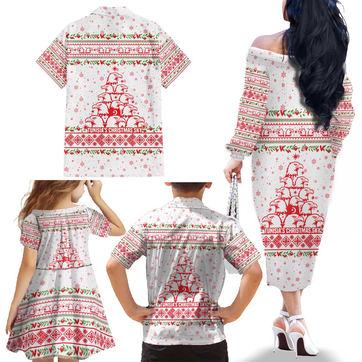 Tunisia Christmas Family Matching Off The Shoulder Long Sleeve Dress and Hawaiian Shirt with Red Falcon Tree White Snowflake Pattern and Festive Borders - Wonder Print Shop
