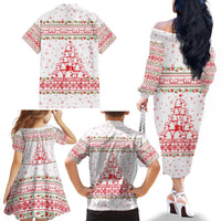 Tunisia Christmas Family Matching Off The Shoulder Long Sleeve Dress and Hawaiian Shirt with Red Falcon Tree White Snowflake Pattern and Festive Borders - Wonder Print Shop