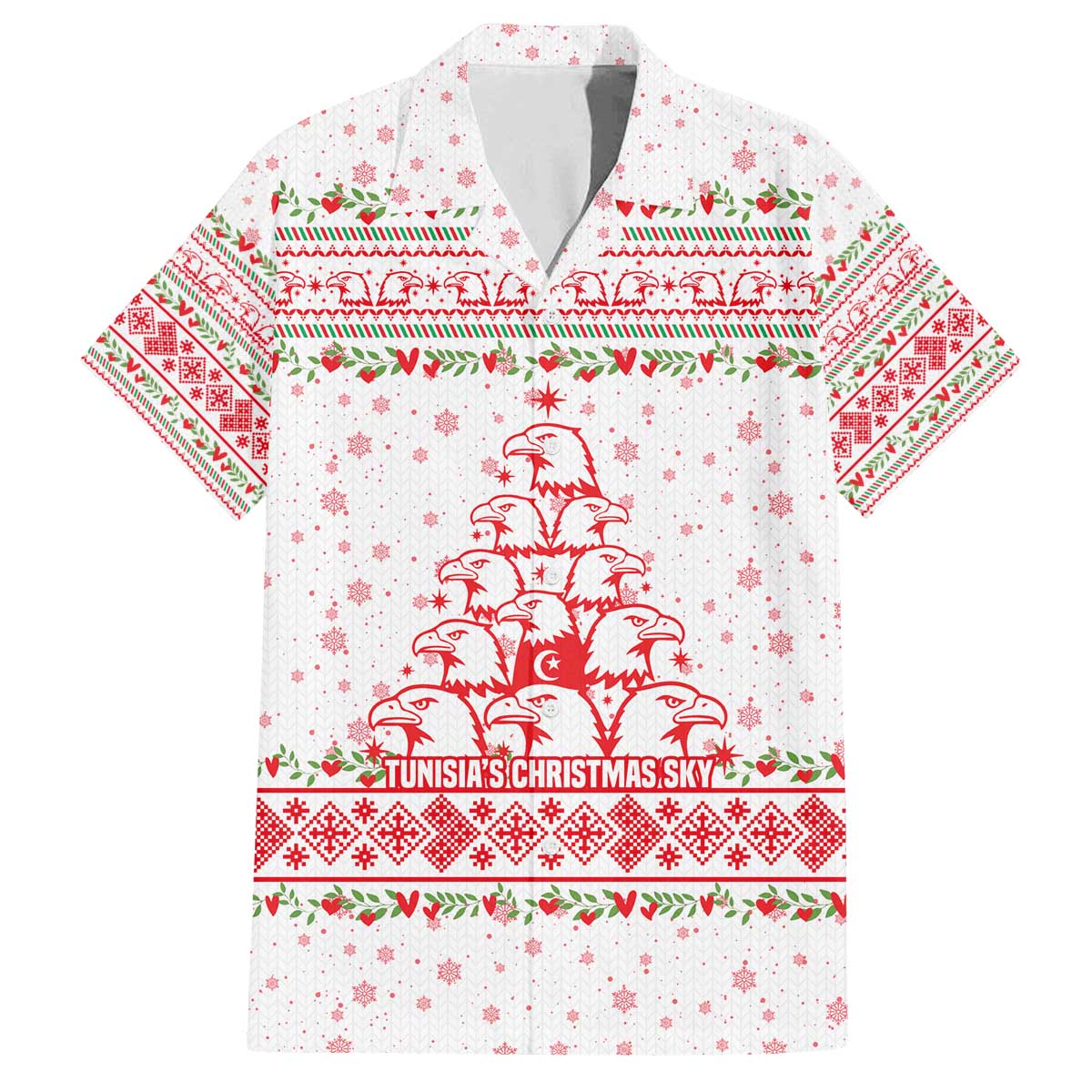 Tunisia Christmas Family Matching Off The Shoulder Long Sleeve Dress and Hawaiian Shirt with Red Falcon Tree White Snowflake Pattern and Festive Borders - Wonder Print Shop