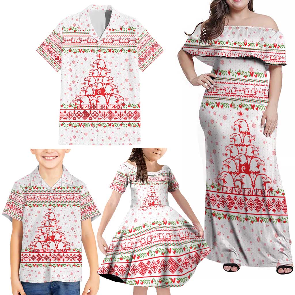 Tunisia Christmas Family Matching Off Shoulder Maxi Dress and Hawaiian Shirt with Red Falcon Tree White Snowflake Pattern and Festive Borders - Wonder Print Shop