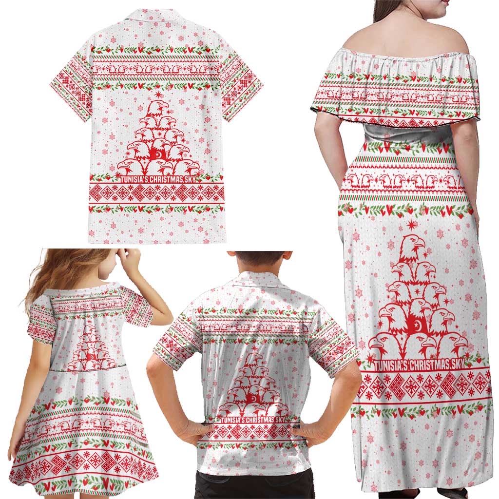 Tunisia Christmas Family Matching Off Shoulder Maxi Dress and Hawaiian Shirt with Red Falcon Tree White Snowflake Pattern and Festive Borders - Wonder Print Shop