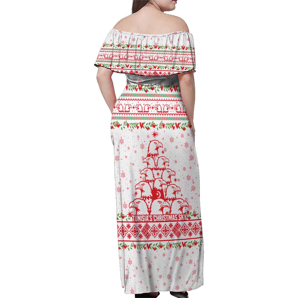 Tunisia Christmas Family Matching Off Shoulder Maxi Dress and Hawaiian Shirt with Red Falcon Tree White Snowflake Pattern and Festive Borders - Wonder Print Shop