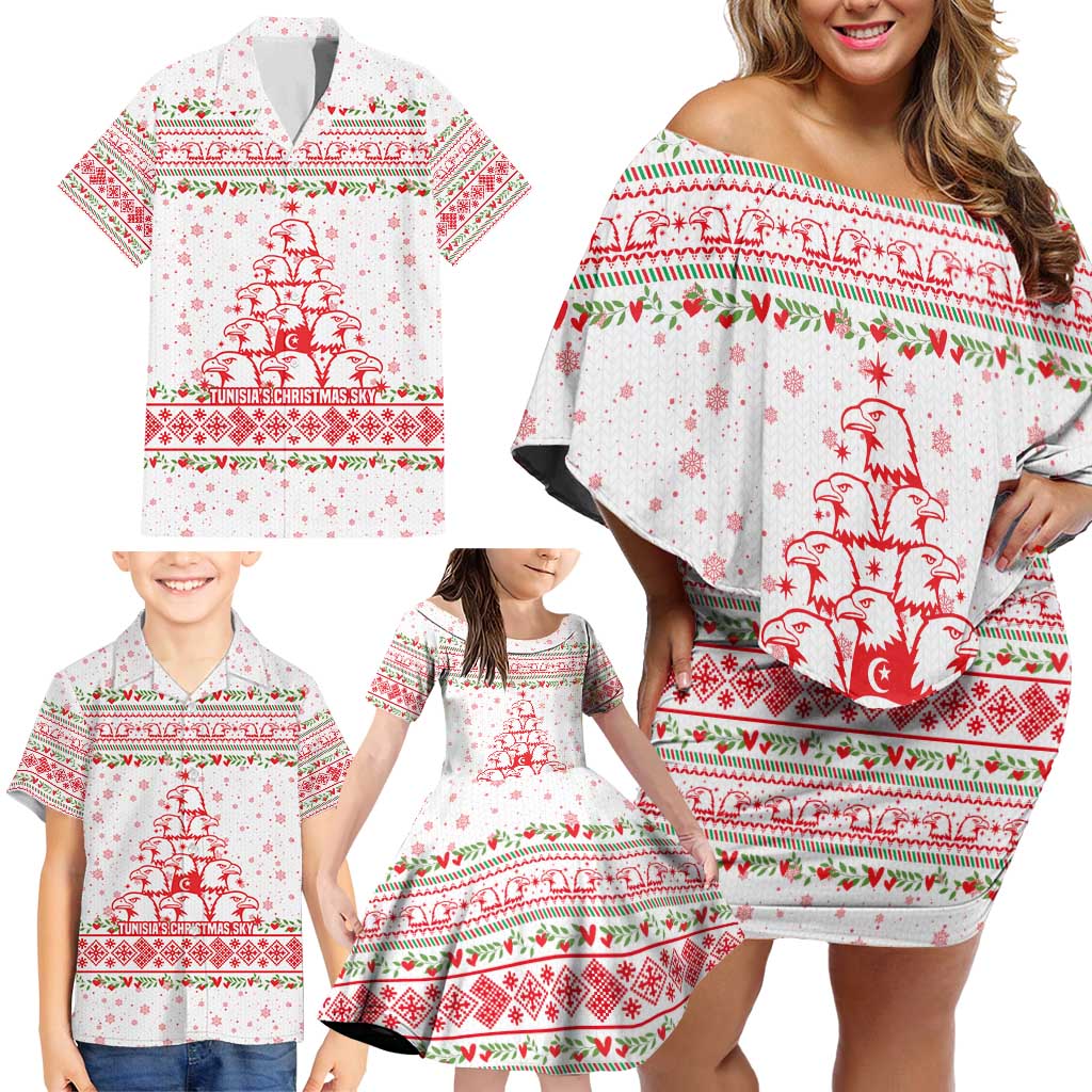 Tunisia Christmas Family Matching Off Shoulder Short Dress and Hawaiian Shirt with Red Falcon Tree White Snowflake Pattern and Festive Borders - Wonder Print Shop