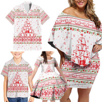 Tunisia Christmas Family Matching Off Shoulder Short Dress and Hawaiian Shirt with Red Falcon Tree White Snowflake Pattern and Festive Borders - Wonder Print Shop