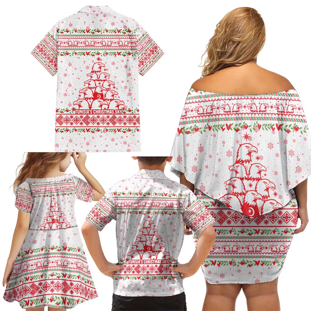Tunisia Christmas Family Matching Off Shoulder Short Dress and Hawaiian Shirt with Red Falcon Tree White Snowflake Pattern and Festive Borders - Wonder Print Shop
