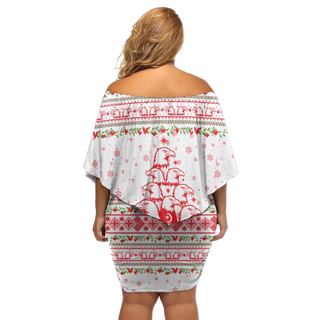 Tunisia Christmas Family Matching Off Shoulder Short Dress and Hawaiian Shirt with Red Falcon Tree White Snowflake Pattern and Festive Borders - Wonder Print Shop