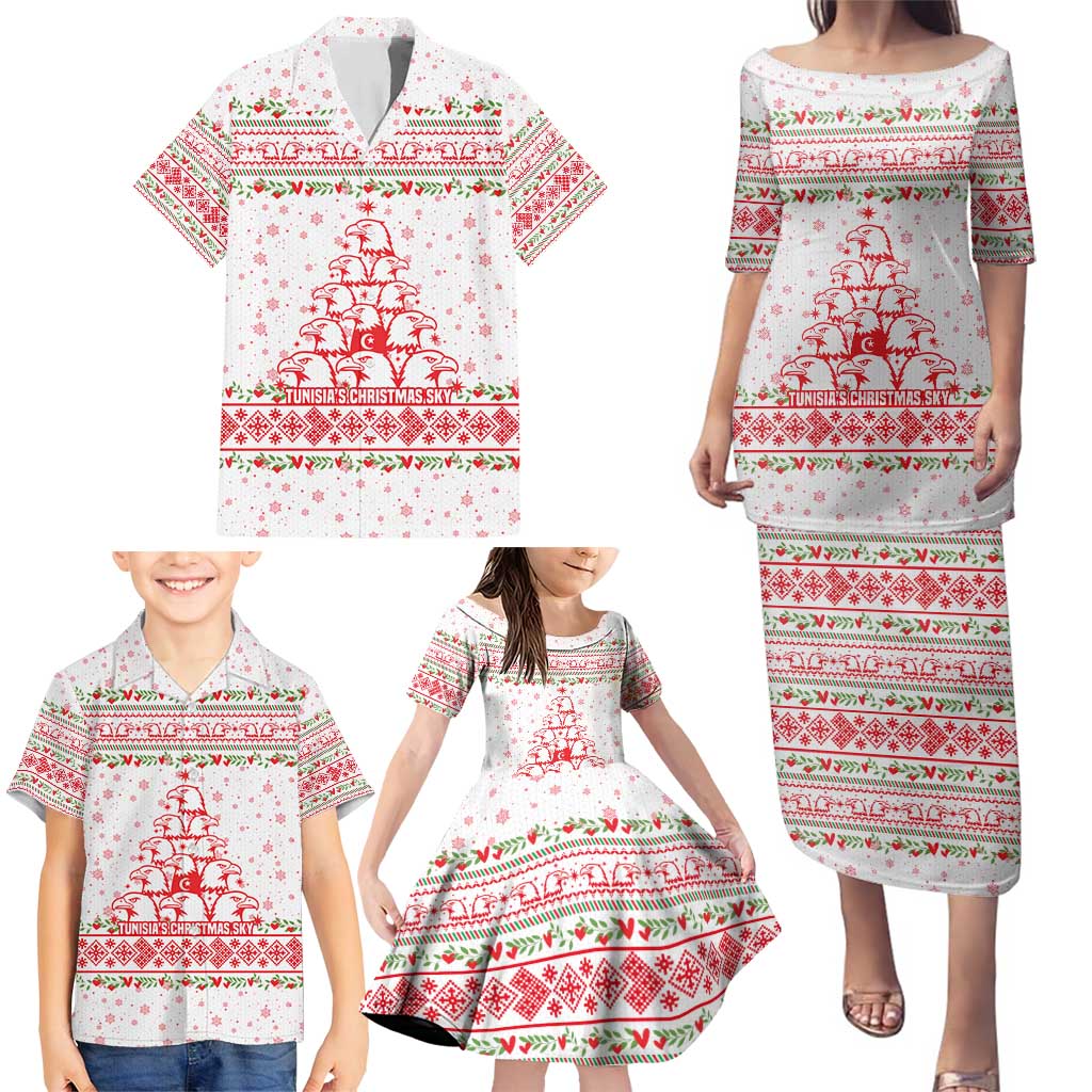Tunisia Christmas Family Matching Puletasi and Hawaiian Shirt with Red Falcon Tree White Snowflake Pattern and Festive Borders - Wonder Print Shop