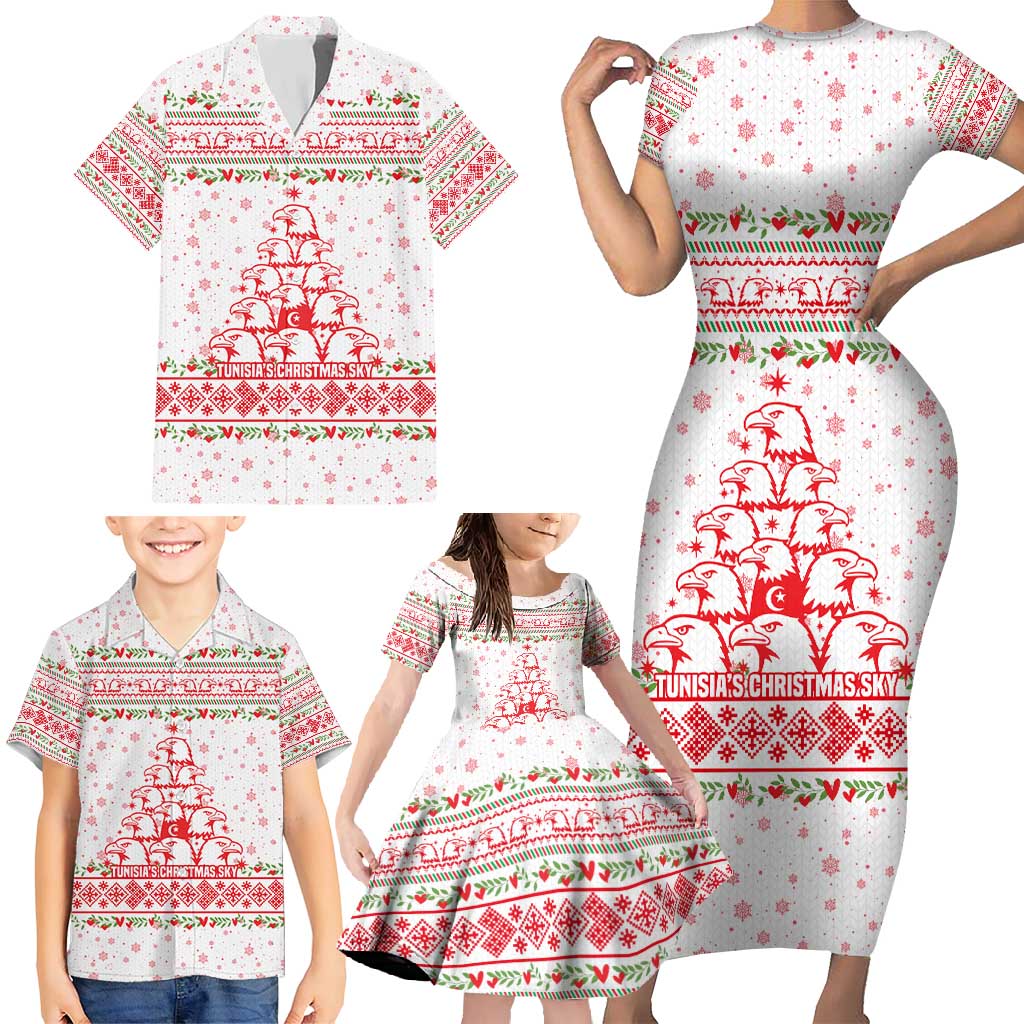 Tunisia Christmas Family Matching Short Sleeve Bodycon Dress and Hawaiian Shirt with Red Falcon Tree White Snowflake Pattern and Festive Borders - Wonder Print Shop
