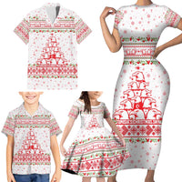 Tunisia Christmas Family Matching Short Sleeve Bodycon Dress and Hawaiian Shirt with Red Falcon Tree White Snowflake Pattern and Festive Borders - Wonder Print Shop