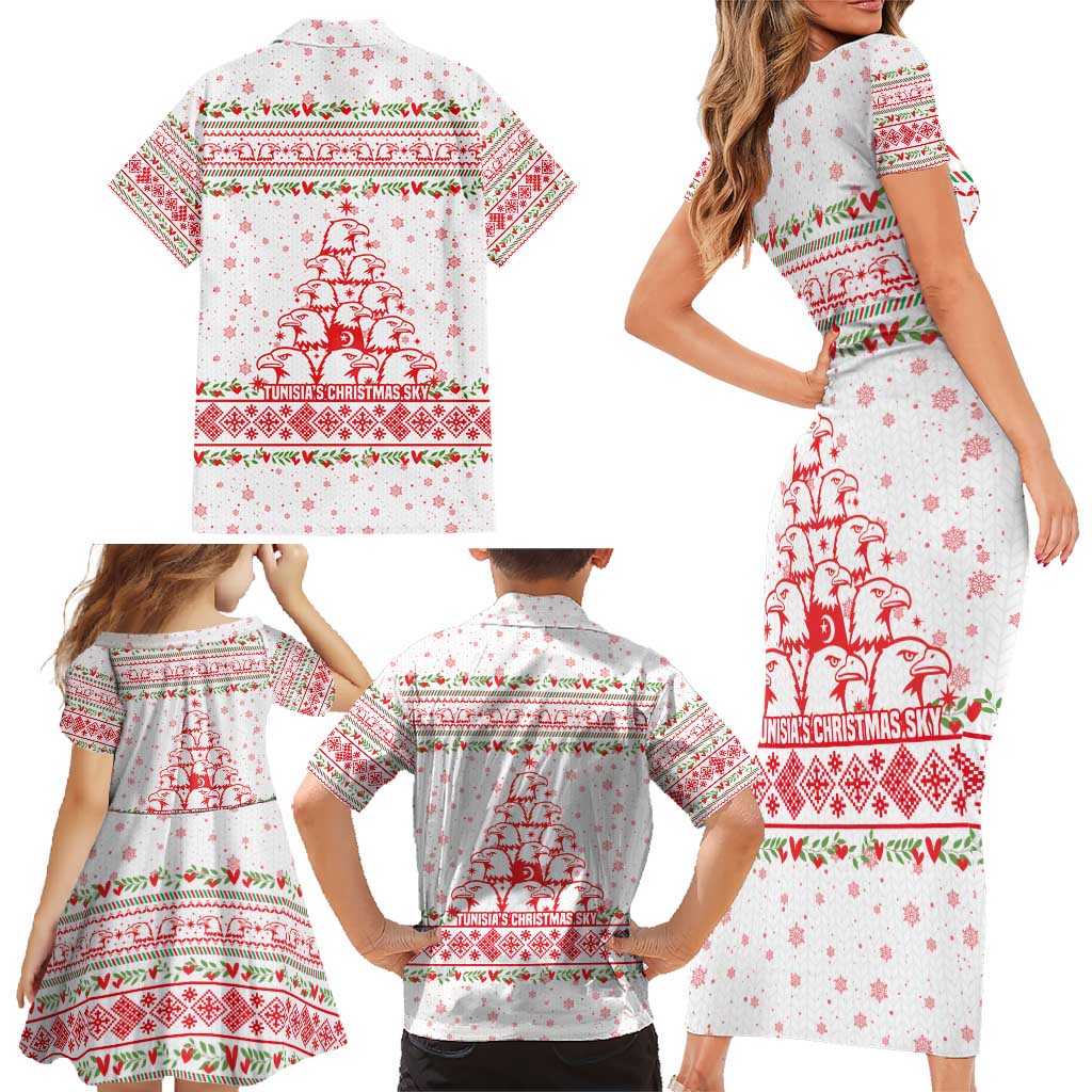 Tunisia Christmas Family Matching Short Sleeve Bodycon Dress and Hawaiian Shirt with Red Falcon Tree White Snowflake Pattern and Festive Borders - Wonder Print Shop