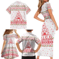 Tunisia Christmas Family Matching Short Sleeve Bodycon Dress and Hawaiian Shirt with Red Falcon Tree White Snowflake Pattern and Festive Borders - Wonder Print Shop