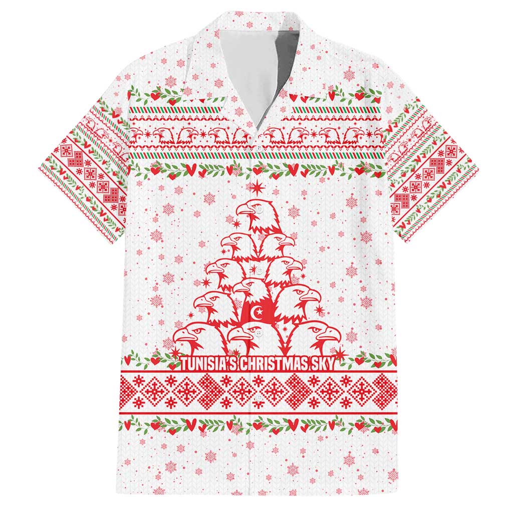 Tunisia Christmas Family Matching Short Sleeve Bodycon Dress and Hawaiian Shirt with Red Falcon Tree White Snowflake Pattern and Festive Borders - Wonder Print Shop